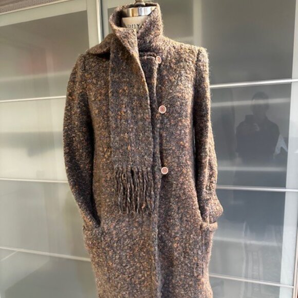 I.B.Diffusion Taupe/Grey/ Peach Mohair Cardigan Sweater Size M with Neck Scarf - Picture 2 of 10